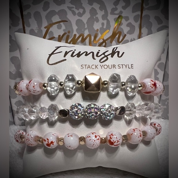 Brand New ERIMISH Bracelets - 3 pc Stack - Red, White, Clear & Gold - Picture 1 of 3